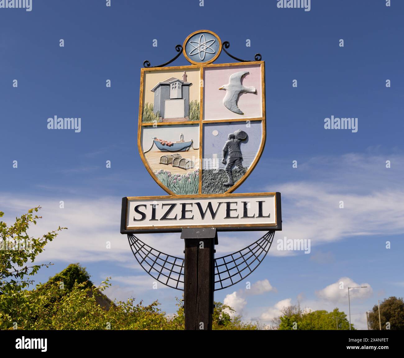 Traditional village sign for the village and hamlet of Sizewell, the home of the new Sizewell C nuclear power station. Stock Photo