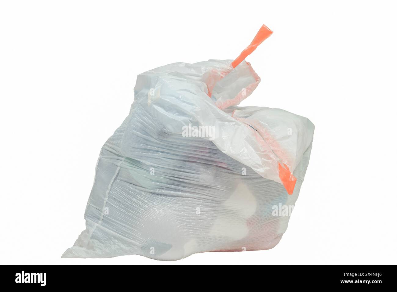 Horizontal close-up shot of a full white trash bag with an orange tie isolated on white. Stock Photo