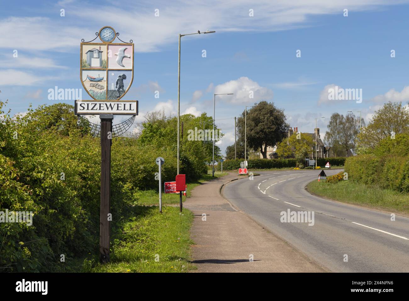 Traditional village sign for the village and hamlet of Sizewell, the home of the new Sizewell C nuclear power station. Stock Photo