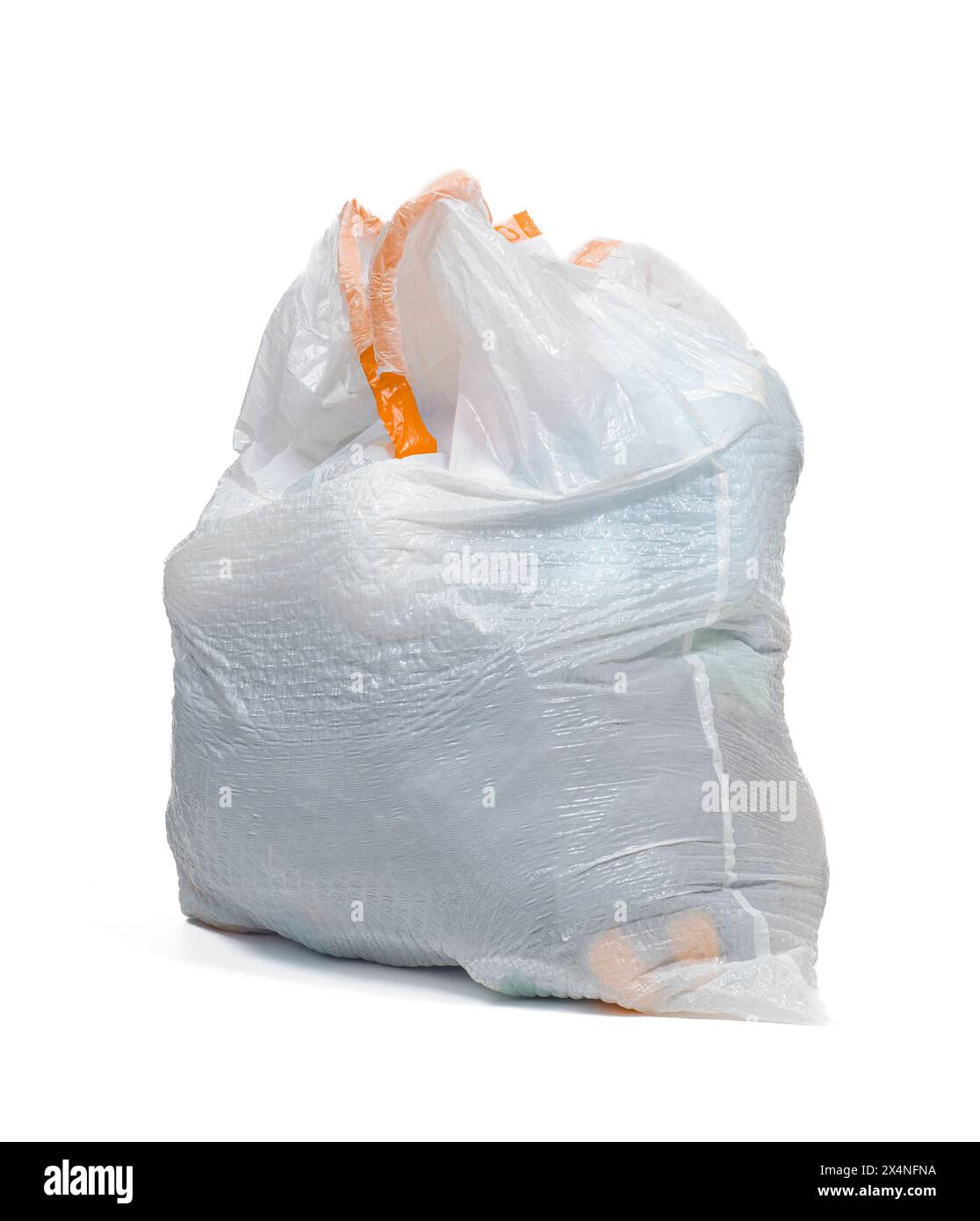 Vertical close-up shot of a full white trash bag on a white background with copy space. Stock Photo