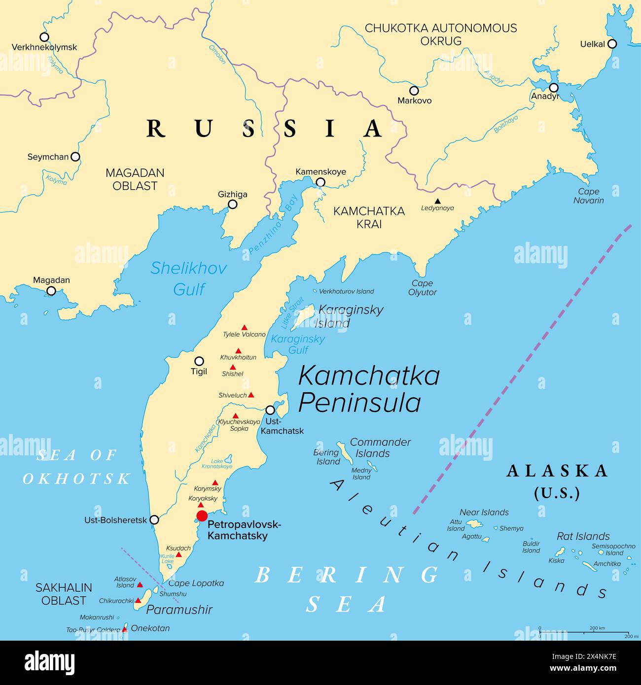 Kamchatka Peninsula, federal subject Kamchatka Krai of Russia, political map. Peninsula with numerous volcanoes between Bering Sea and Sea of Okhotsk. Stock Photo