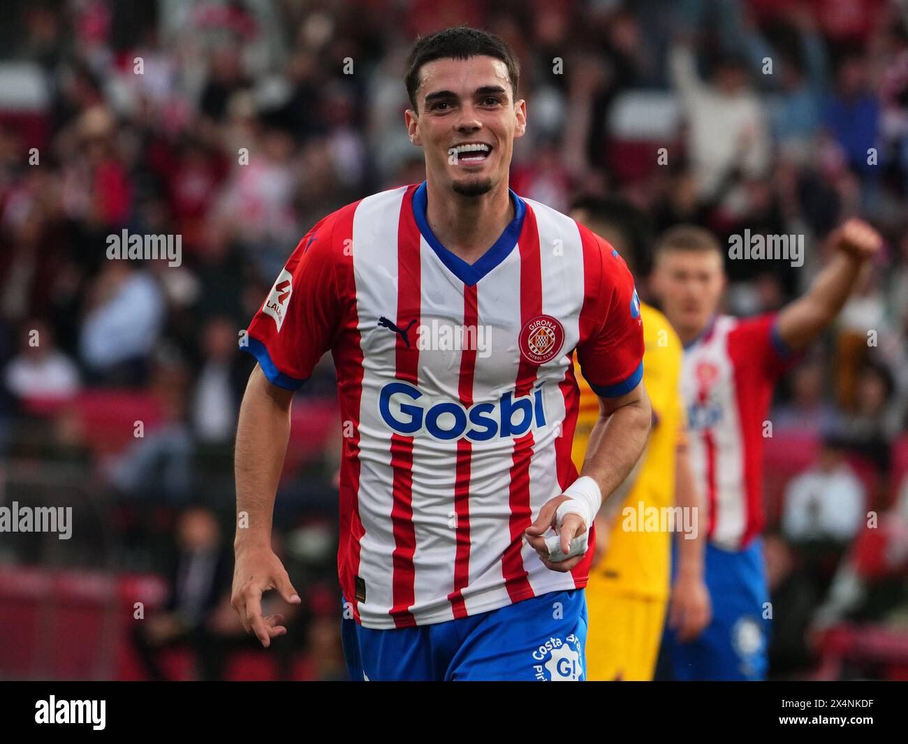 Girona, Spain. 04th May, 2024. Miguel Gutierrez of Girona FC Celebrates his goal during the La Liga EA Sports match between Girona FC and FC Barcelona played at Montilivi Stadium on May 04, 2024 in Girona, Spain. (Photo by Alex Carreras/IMAGO) Credit: PRESSINPHOTO SPORTS AGENCY/Alamy Live News Stock Photo