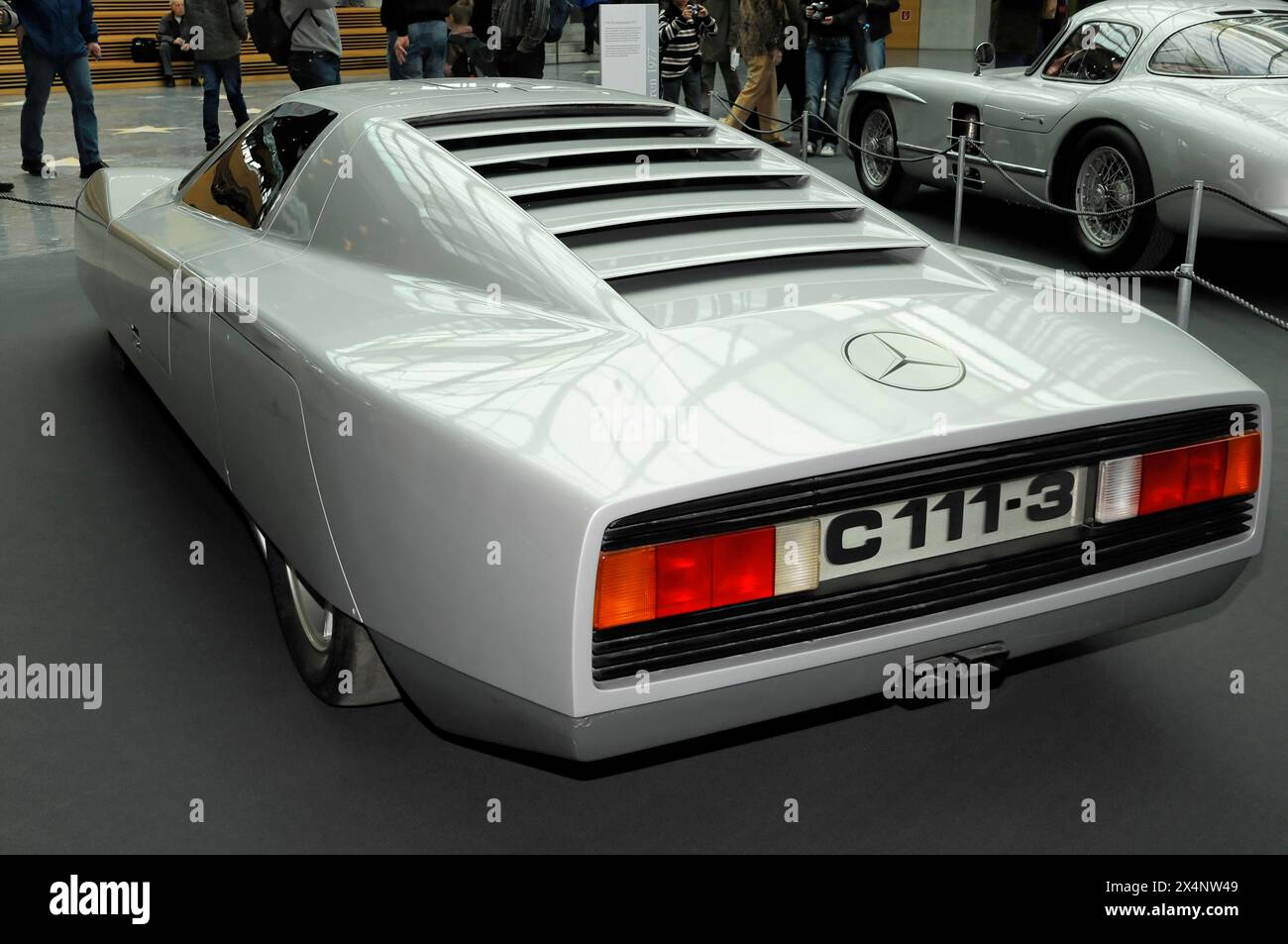 A white Mercedes-Benz concept car in retro style is shown in a car dealership, Stuttgart Messe, Stuttgart, Baden-Wuerttemberg, Germany Stock Photo