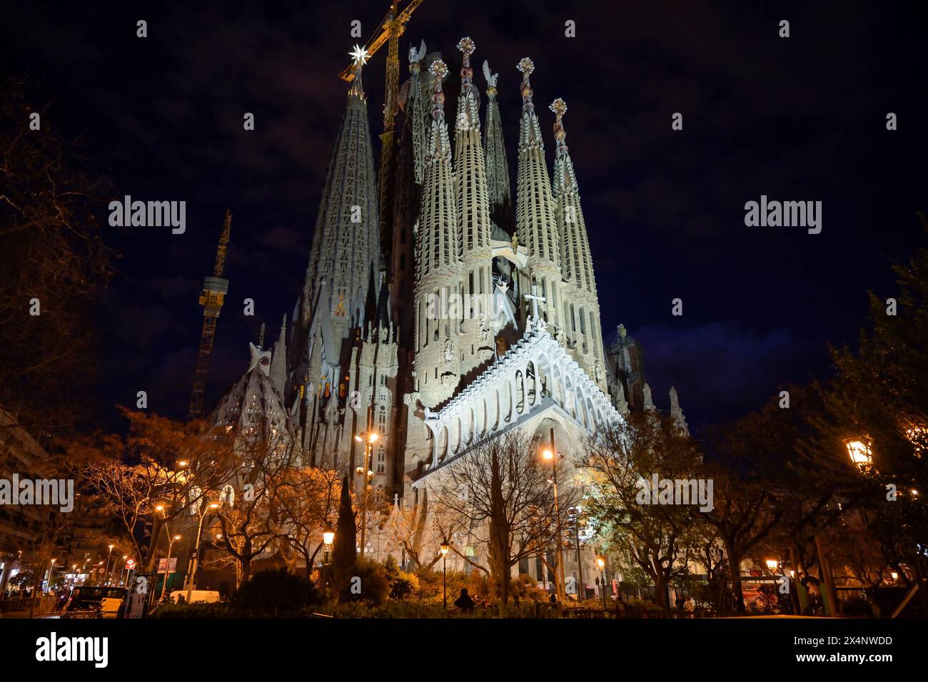 Church towers, Passion facade, Sagrada Familia, Basilica by Antoni Gaudi, Barcelona, Catalonia, Spain Stock Photo