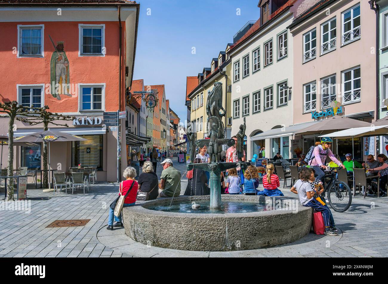 The Taenzelfest fountain at the fruit market, Kaufbeuern, Allgaeu, Swabia, Bavaria, Germany Stock Photo