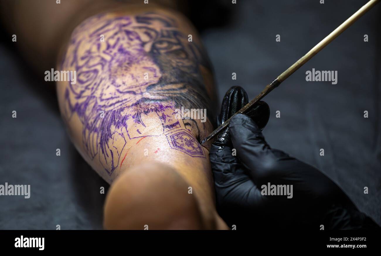 Chiang Mai, Thailand. 04th May, 2024. A Thai tattoo artist using a  sharpened steel rod tattoos the leg of a visitor during the CNX Tattoo  Festival 2024. The convention showcases shows, exhibitions,, image size:1300x875