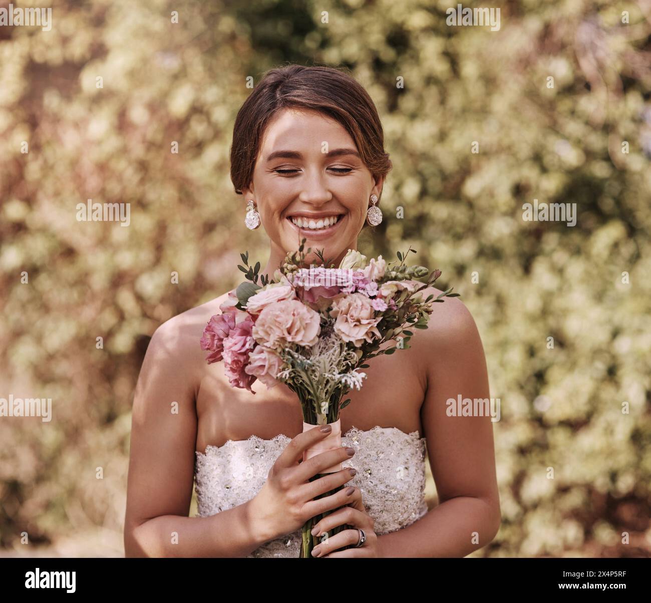 Outdoor, woman and happy as bride with flowers for wedding, love and — free download