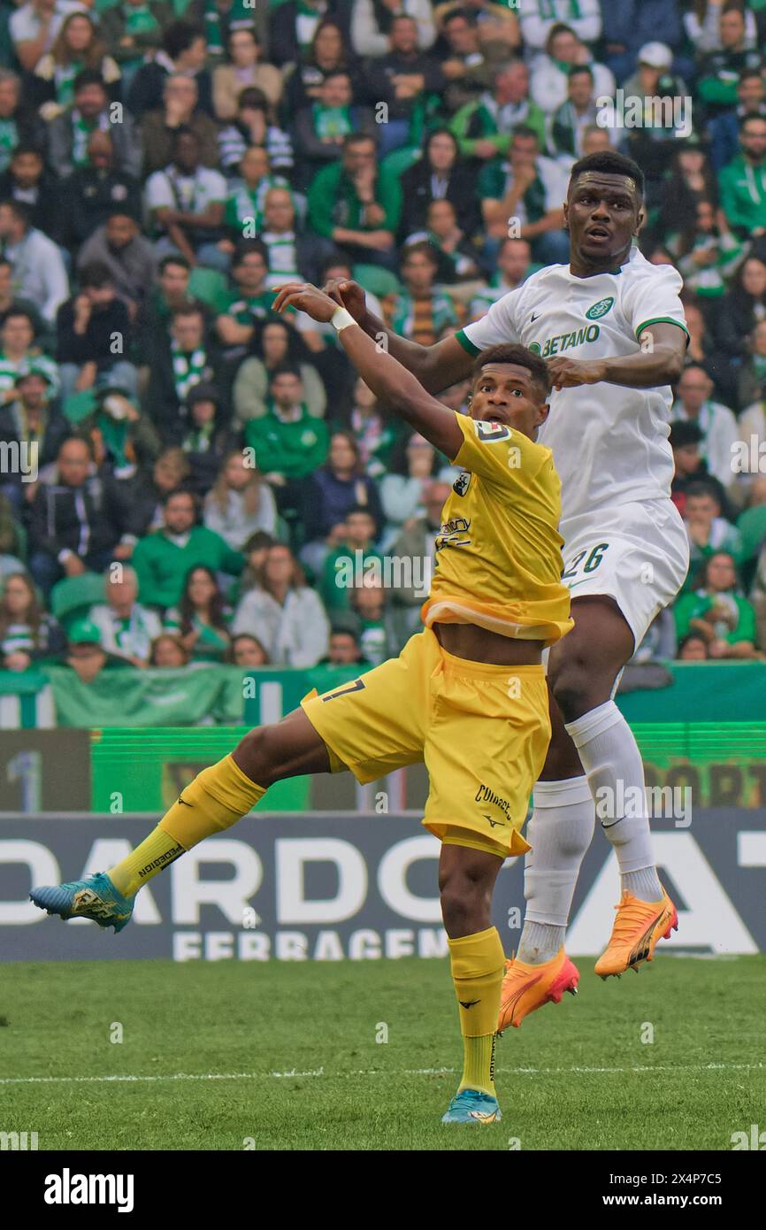 Lisbon, Portugal. 04th May, 2024. Lisbon, Portugal, May 04 2024: Helio Varela (77 Portimonense SC) and Ousmane Diomande (26 Sporting CP) in action during the Liga Portugal game between Sporting CP and Portimonense SC at Estadio Jose Alvalade in Lisbon, Portugal. (Pedro Porru/SPP) Credit: SPP Sport Press Photo. /Alamy Live News Stock Photo