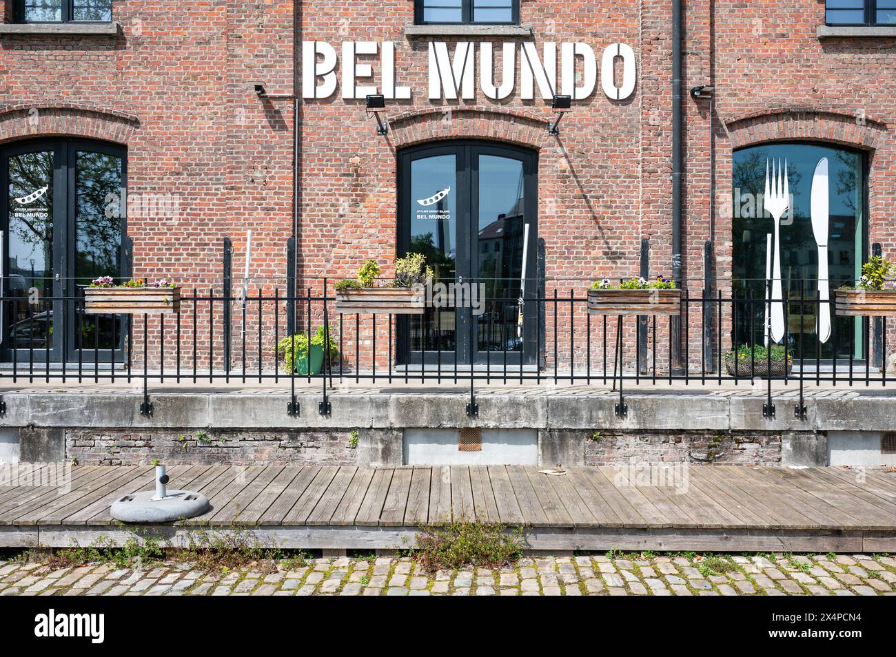 Brussels Capital Region, Belgium - May 1, 2024 -  Entrance of the Belmundo restaurant, a social integration project Stock Photo