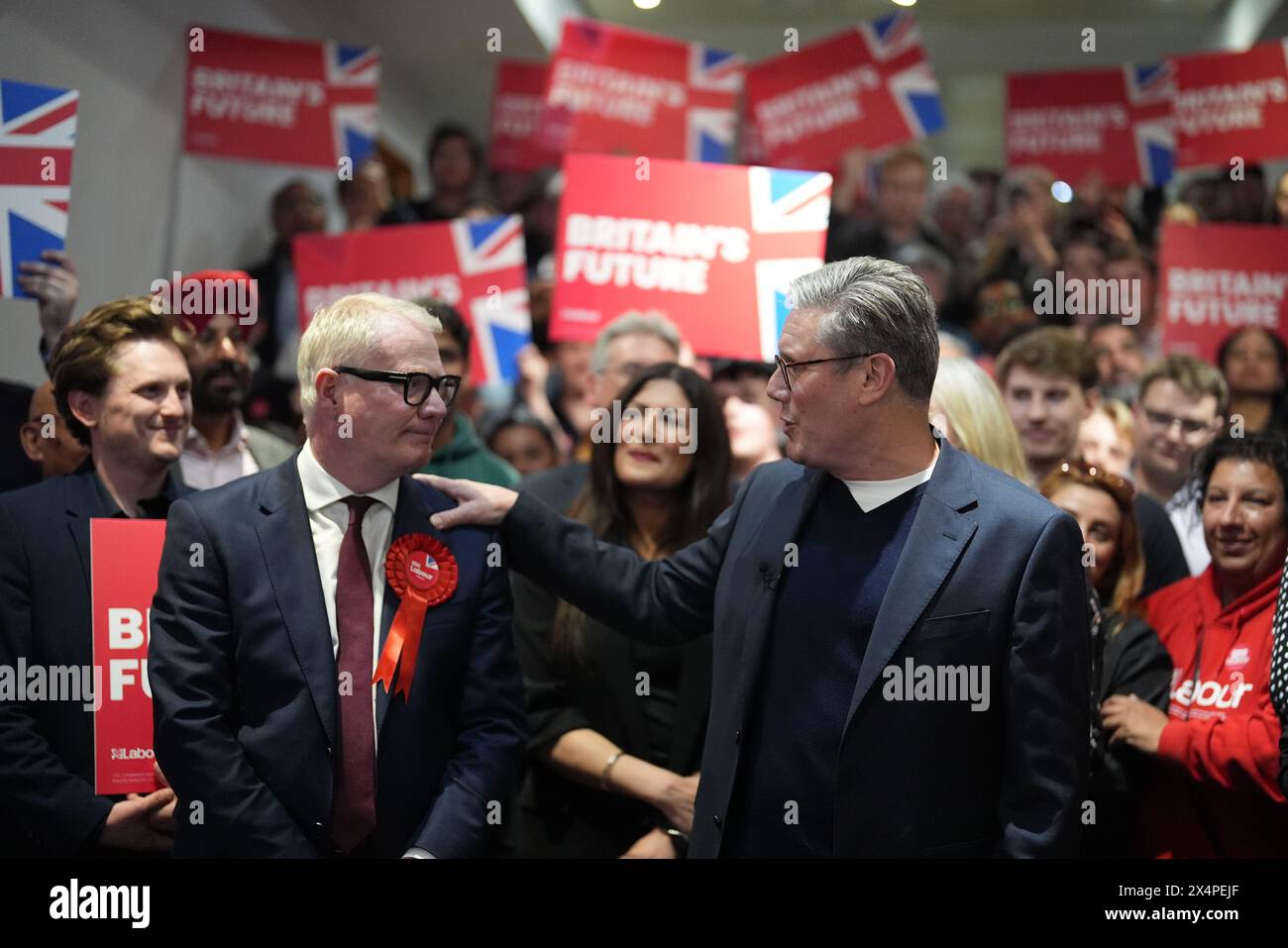 Labour Party leader Sir Keir Starmer (right) celebrates with newly elected Mayor of West Midlands Richard Parker at the International Convention Centre in Birmingham. Picture date: Saturday May 4, 2024. Stock Photo