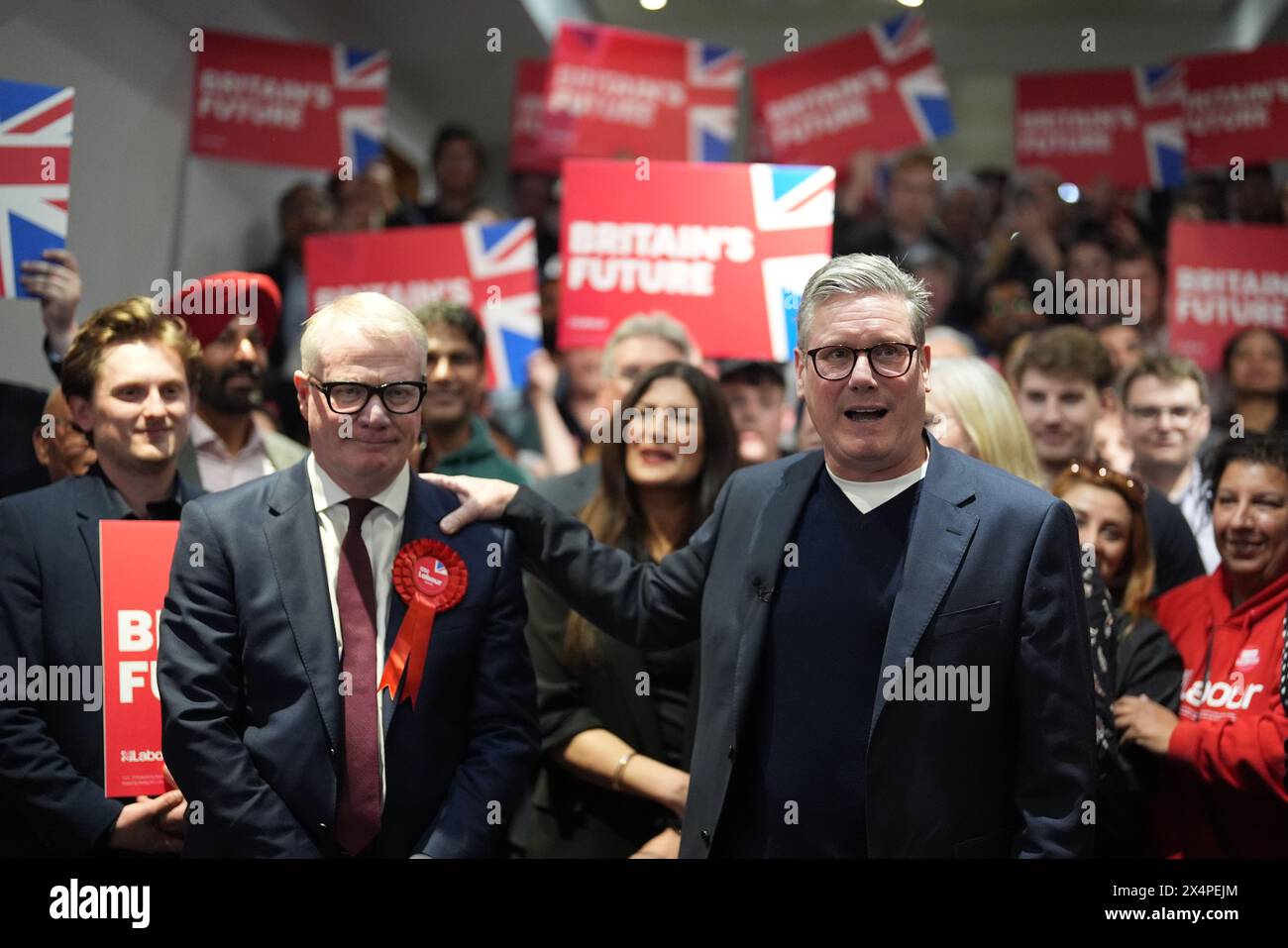 Labour Party leader Sir Keir Starmer (right) celebrates with newly elected Mayor of West Midlands Richard Parker at the International Convention Centre in Birmingham. Picture date: Saturday May 4, 2024. Stock Photo