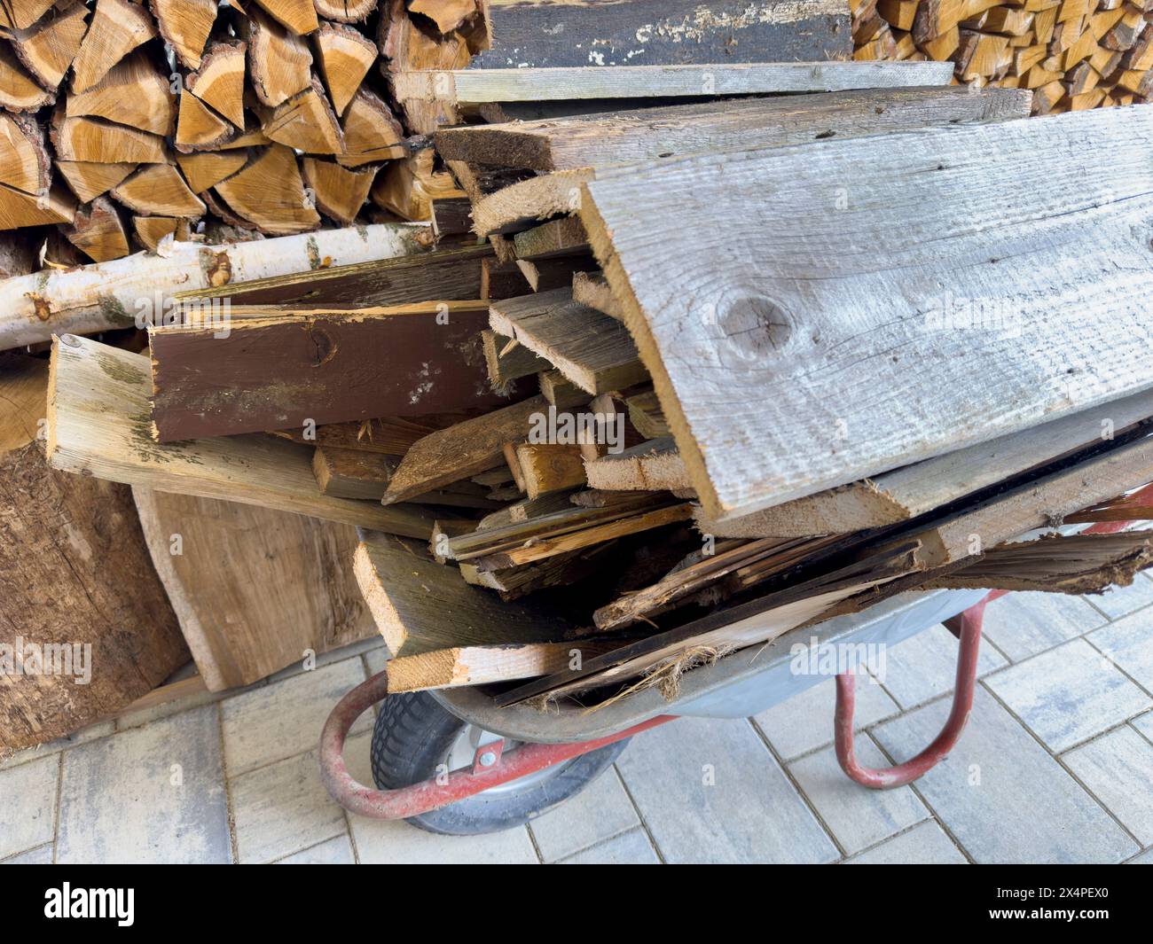 Wheelbarrow with firewood in the garden Stock Photo