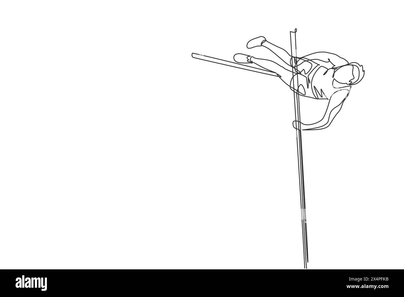 Single continuous line drawing of young sportive man training pole vault through the bar in the field. Healthy athletic sport concept. Tournament even Stock Vector