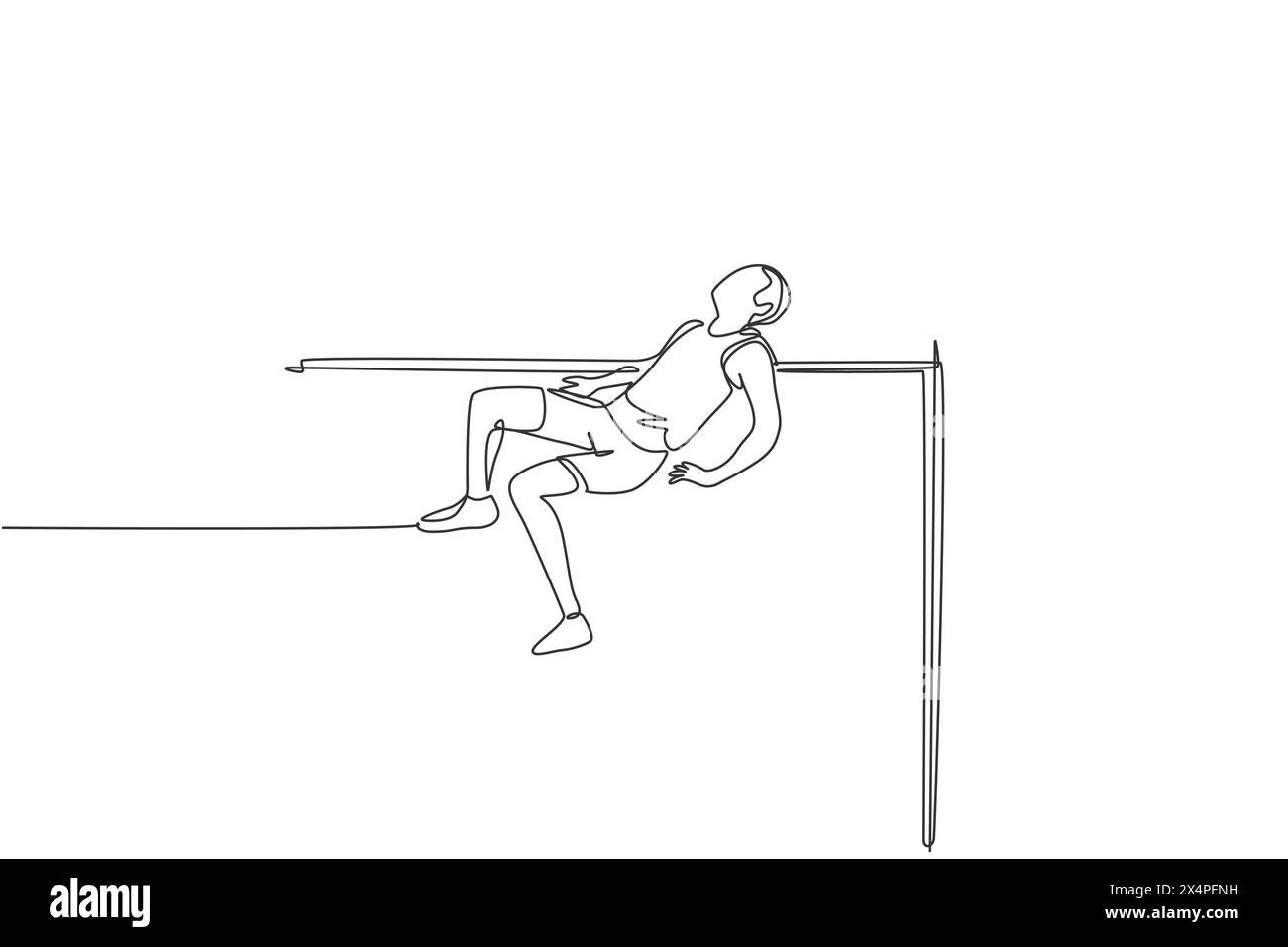 Single continuous line drawing of young sportive man training to pass the bar in high jump game in the field. Healthy athletic sport concept. Tourname Stock Vector