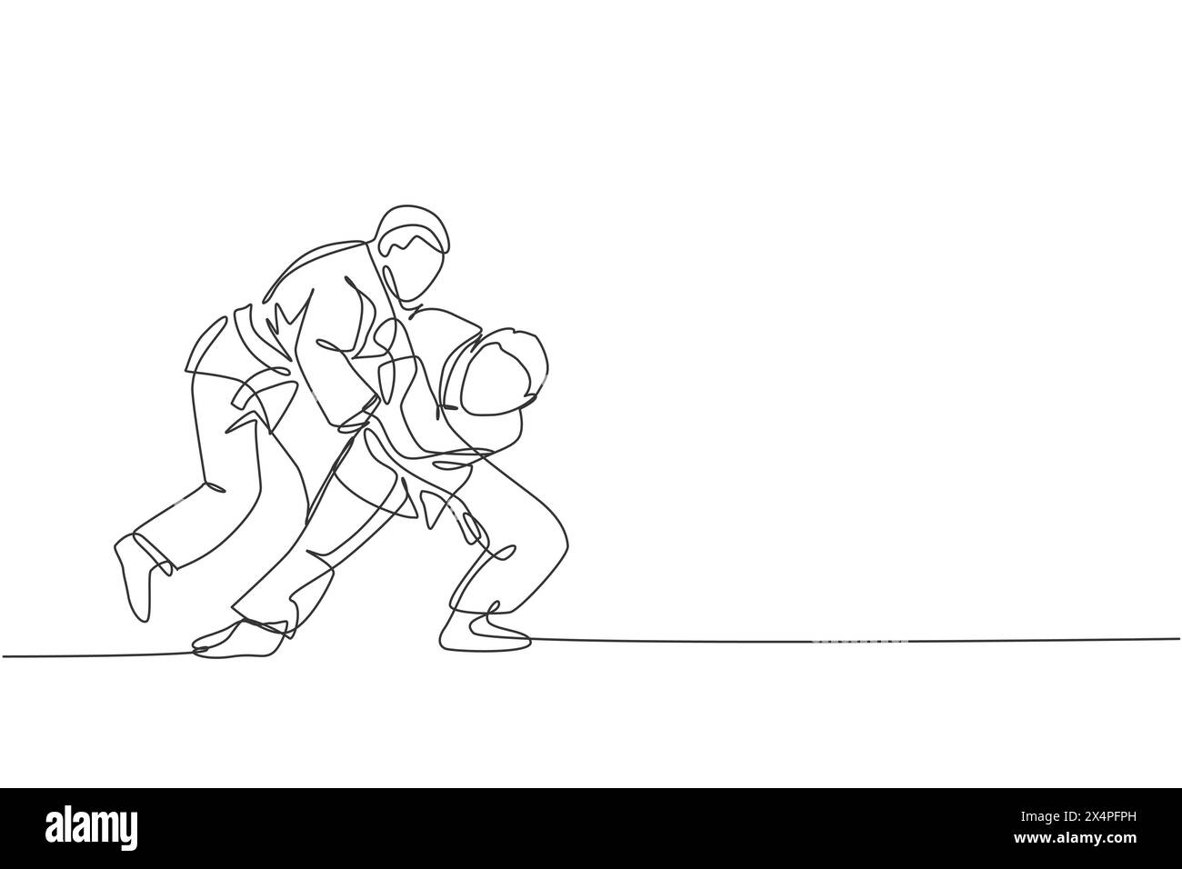 One single line drawing of two young energetic judokas fighter men focus battle fighting at gym