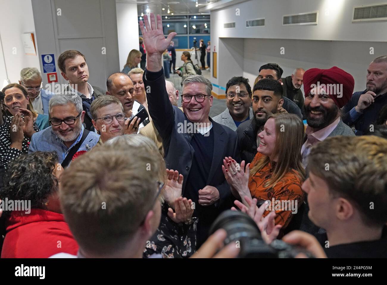 Labour Party leader Sir Keir Starmer (centre) with party supporters as they celebrate the election of Richard Parker (not pictured) as Mayor of West Midlands at the International Convention Centre in Birmingham. Picture date: Saturday May 4, 2024. Stock Photo