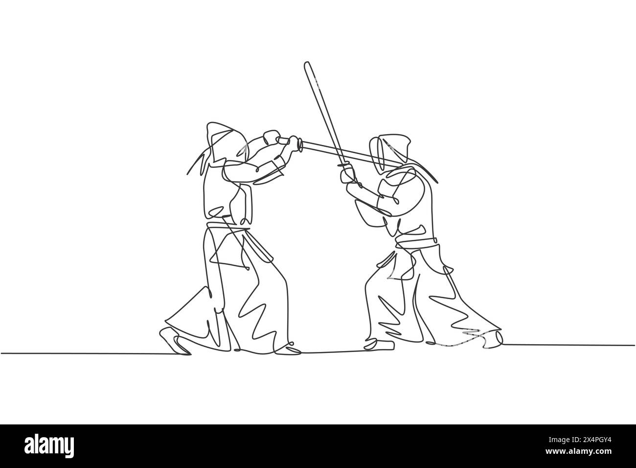 One continuous line drawing of two young sporty men training kendo ...