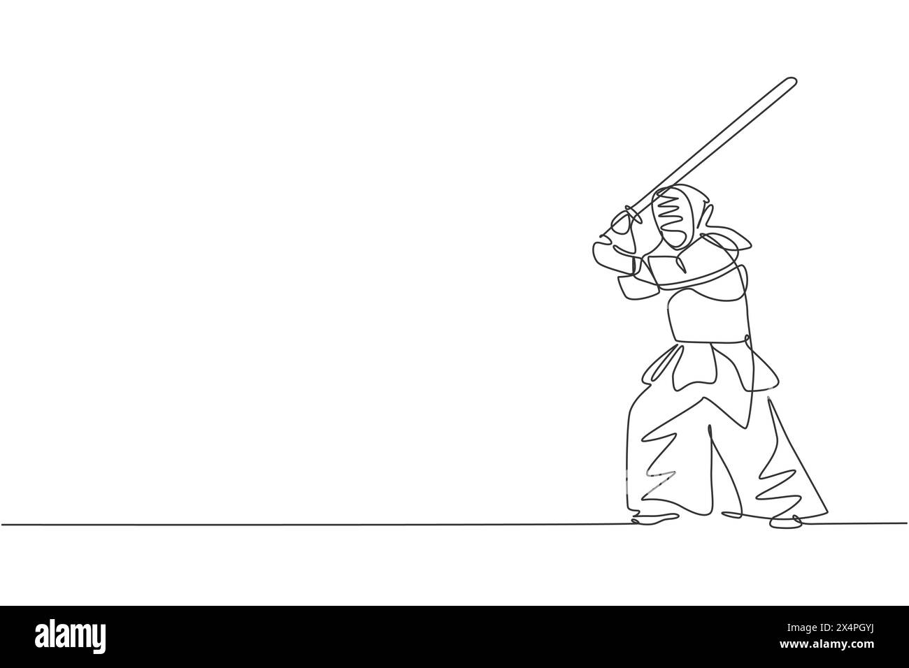 One continuous line drawing of young sporty man training kendo stance for fighting skill in dojo