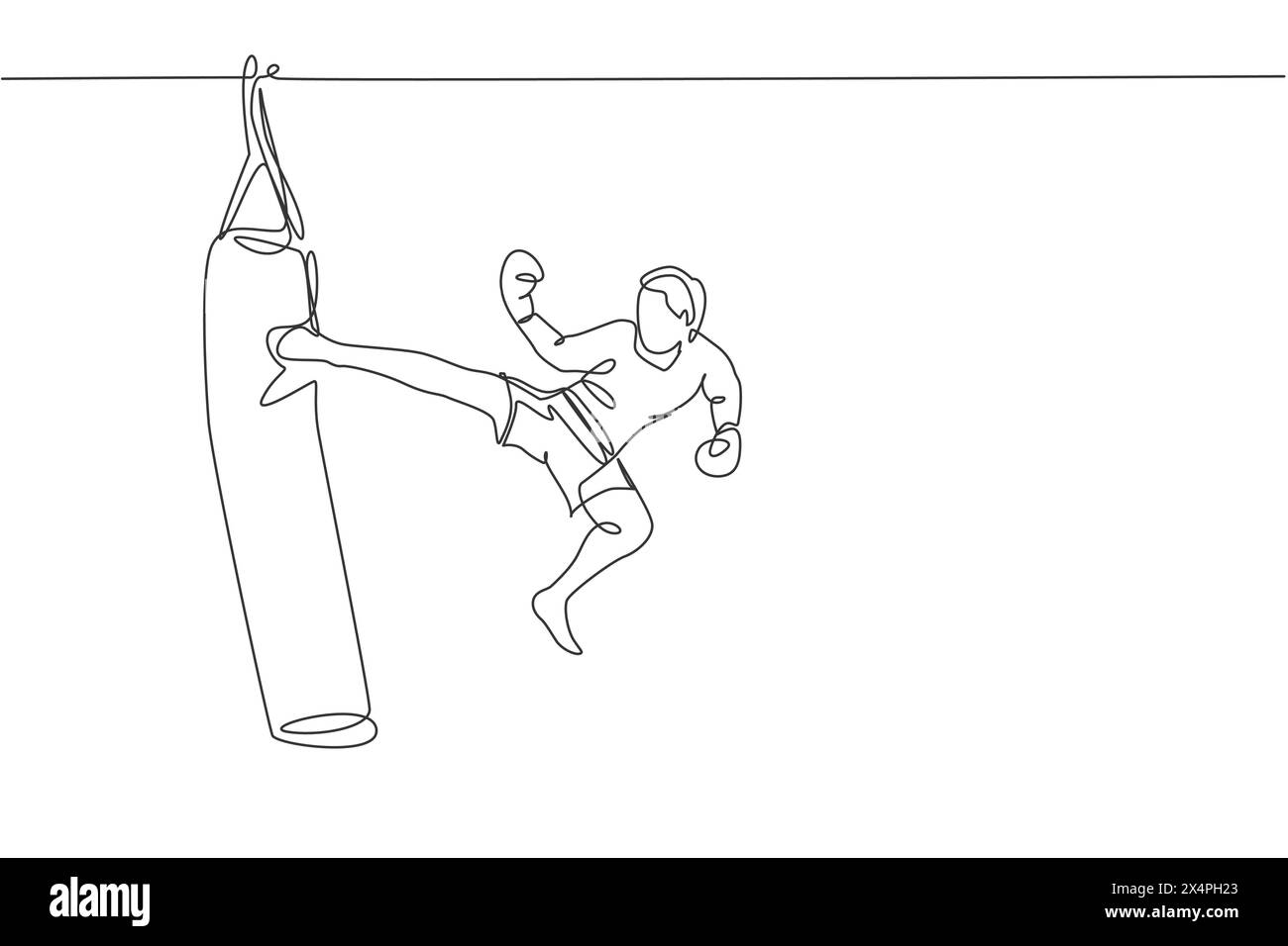 One single line drawing of young energetic man kickboxer practice jump kicking with punch bag in boxing arena vector illustration. Healthy lifestyle s Stock Vector