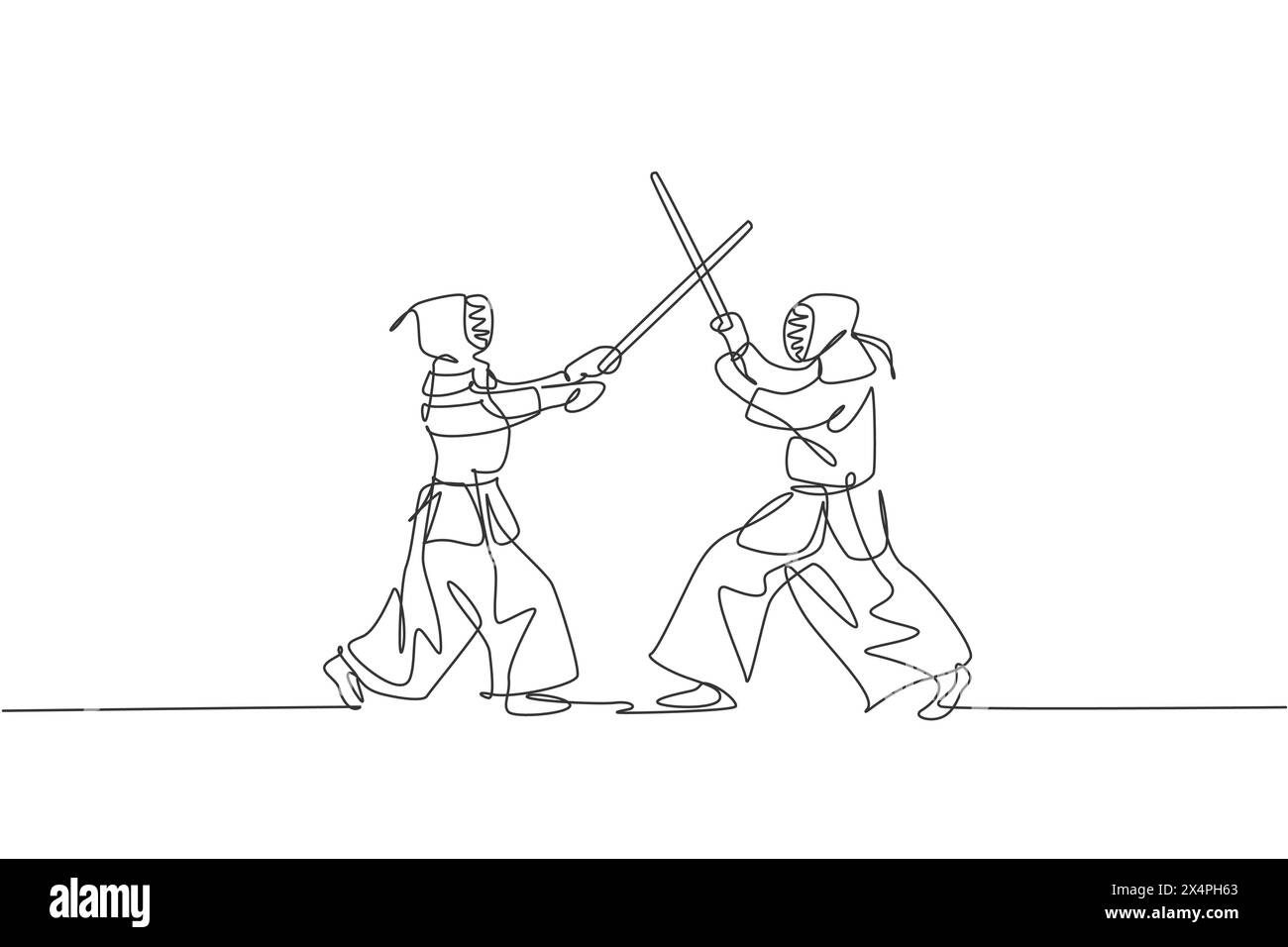 One continuous line drawing of two young sporty man training kendo spare fighting skill in dojo center. Healthy martial art sport concept. Dynamic sin Stock Vector