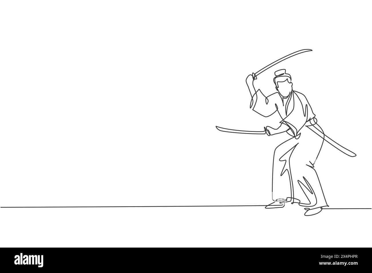 One single line drawing of young Japanese samurai warrior holding katana sword practicing at dojo center graphic vector illustration. Combative martia Stock Vector