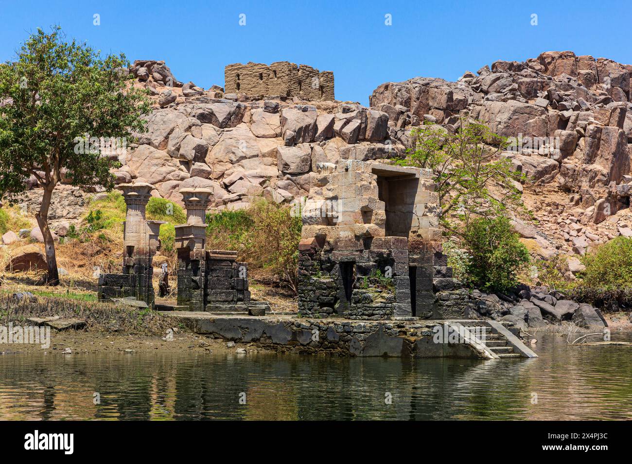 The temple door of the Sanctuary of Isis, part of the Philae Temple complex (a UNESCO World Heritage Site) on Bigeh Island (Nubia), Egypt Stock Photo