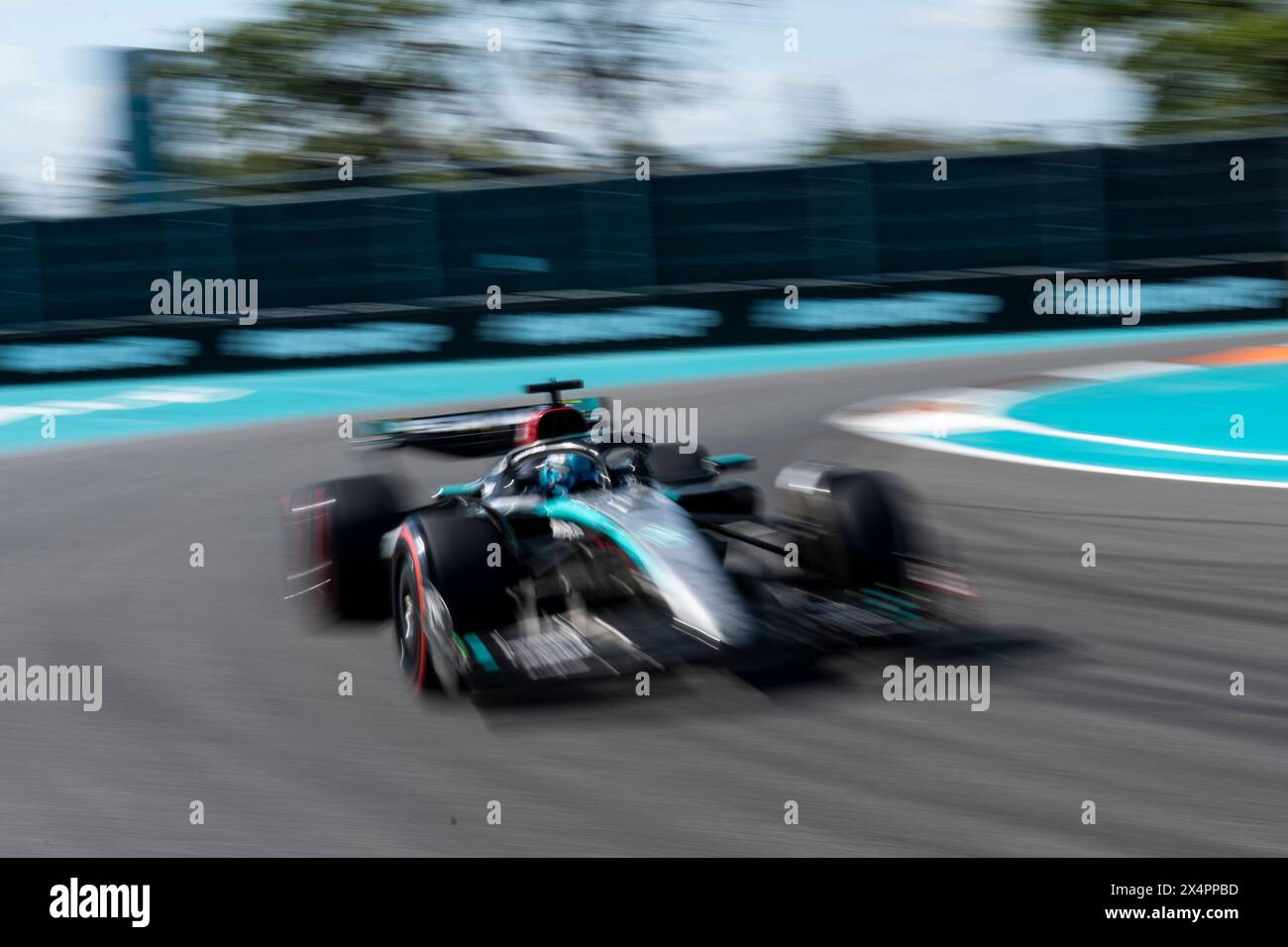 Miami Gardens, United States. 04th May, 2024. British Formula One driver George Russell of Mercedes-AMG Petronas participates in qualifying during the Formula One Miami Grand Prix at the Miami International Autodrome in Miami Gardens, Florida on Saturday, May 4, 2024 Photo by Greg Nash/UPI Credit: UPI/Alamy Live News Stock Photo