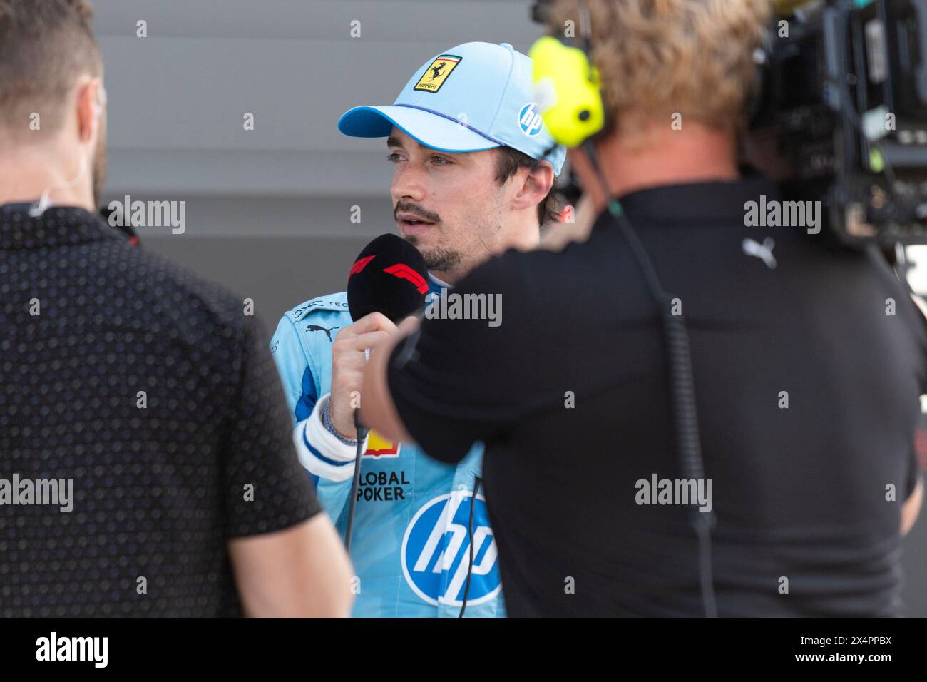 Miami Gardens, United States. 04th May, 2024. Monaco's Formula One driver Charles Leclerc of Scuderia Ferrari is interviewed following qualifying for the Formula One Miami Grand Prix at the Miami International Autodrome in Miami Gardens, Florida on Saturday, May 4, 2024 Photo by Greg Nash/UPI. Credit: UPI/Alamy Live News Stock Photo