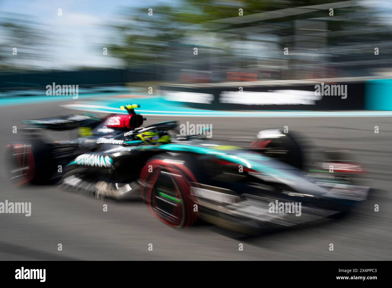 Miami Gardens, United States. 04th May, 2024. British Formula One driver Lewis Hamilton of Mercedes-AMG Petronas participates in qualifying during the Formula One Miami Grand Prix at the Miami International Autodrome in Miami Gardens, Florida on Saturday, May 4, 2024 Photo by Greg Nash/UPI Credit: UPI/Alamy Live News Stock Photo