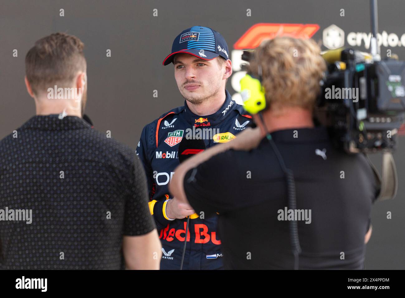 Miami Gardens, United States. 04th May, 2024. Dutch Formula One driver Max Verstappen of Red Bull Racing is interviewed following qualifying for the Formula One Miami Grand Prix at the Miami International Autodrome in Miami Gardens, Florida on Saturday, May 4, 2024 Photo by Greg Nash/UPI. Credit: UPI/Alamy Live News Stock Photo