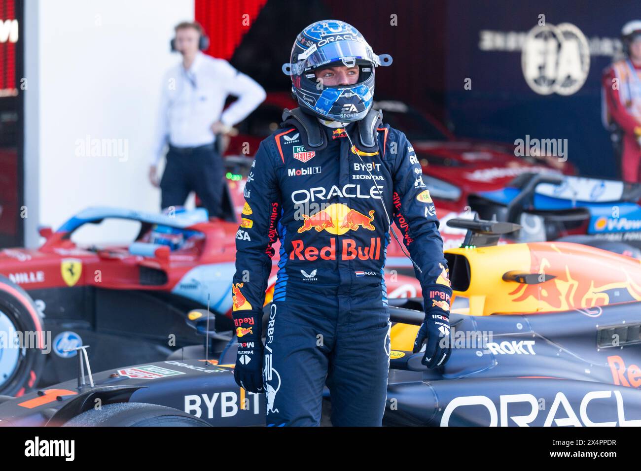 Miami Gardens, United States. 04th May, 2024. Dutch Formula One driver Max Verstappen of Red Bull Racing is seen in parc fermé following qualifying for the Formula One Miami Grand Prix at the Miami International Autodrome in Miami Gardens, Florida on Saturday, May 4, 2024 Photo by Greg Nash/UPI. Credit: UPI/Alamy Live News Stock Photo