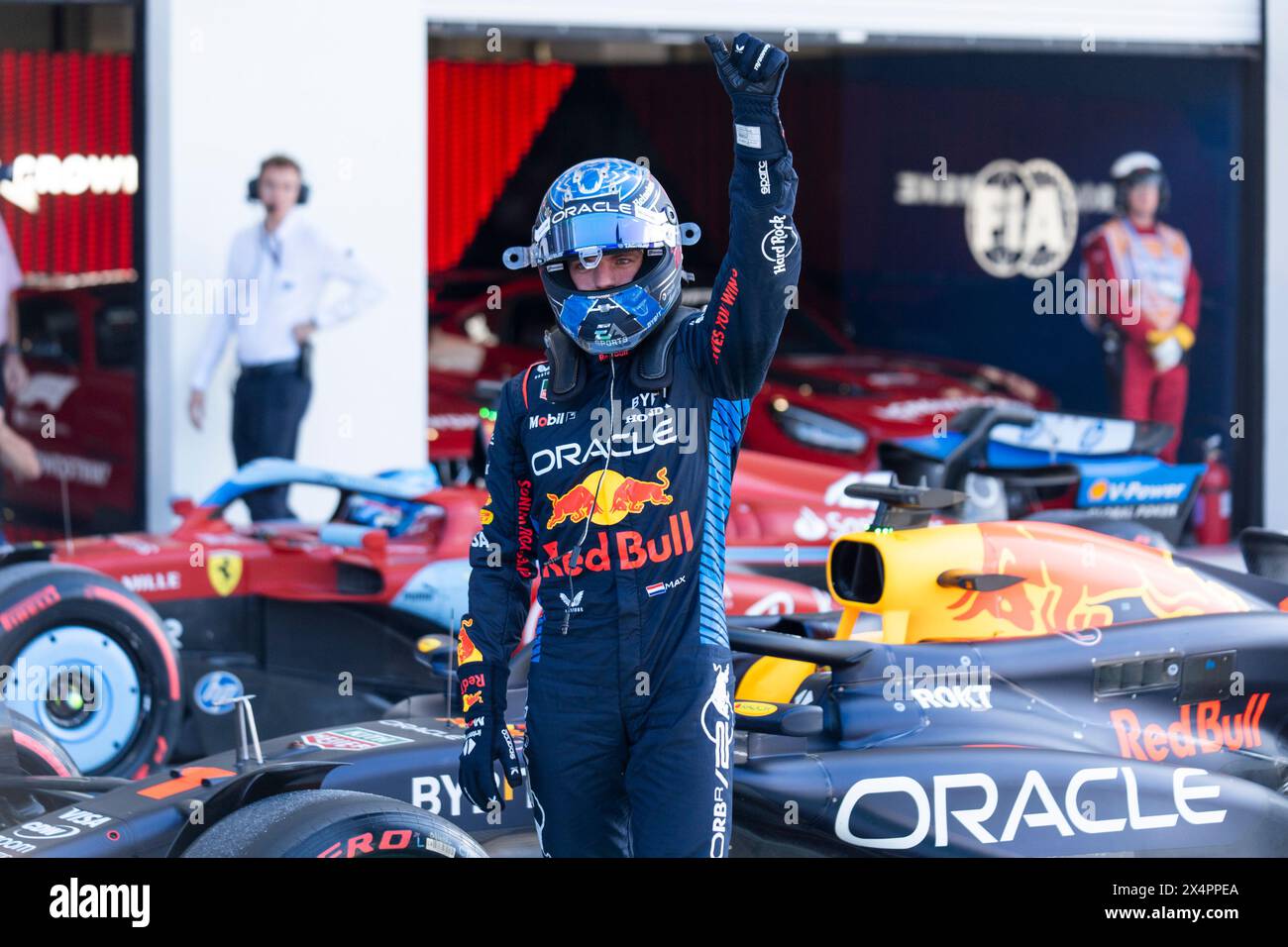 Miami Gardens, United States. 04th May, 2024. Dutch Formula One driver Max Verstappen of Red Bull Racing waves to fans in parc fermé after getting pole position in qualifying for the Formula One Miami Grand Prix at the Miami International Autodrome in Miami Gardens, Florida on Saturday, May 4, 2024 Photo by Greg Nash/UPI Credit: UPI/Alamy Live News Stock Photo
