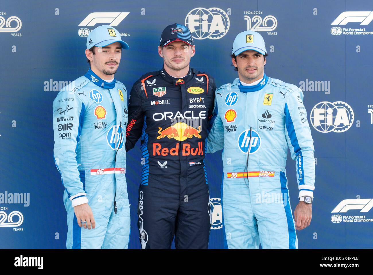 Miami Gardens, United States. 04th May, 2024. Monaco's Formula One driver Charles Leclerc of Scuderia Ferrari, Dutch Formula One driver Max Verstappen of Red Bull Racing and Spanish Formula One driver Carlos Sainz Jr. of Scuderia Ferrari pose for a photo following qualifying for the Formula One Miami Grand Prix at the Miami International Autodrome in Miami Gardens, Florida on Saturday, May 4, 2024 Photo by Greg Nash/UPI. Credit: UPI/Alamy Live News Stock Photo