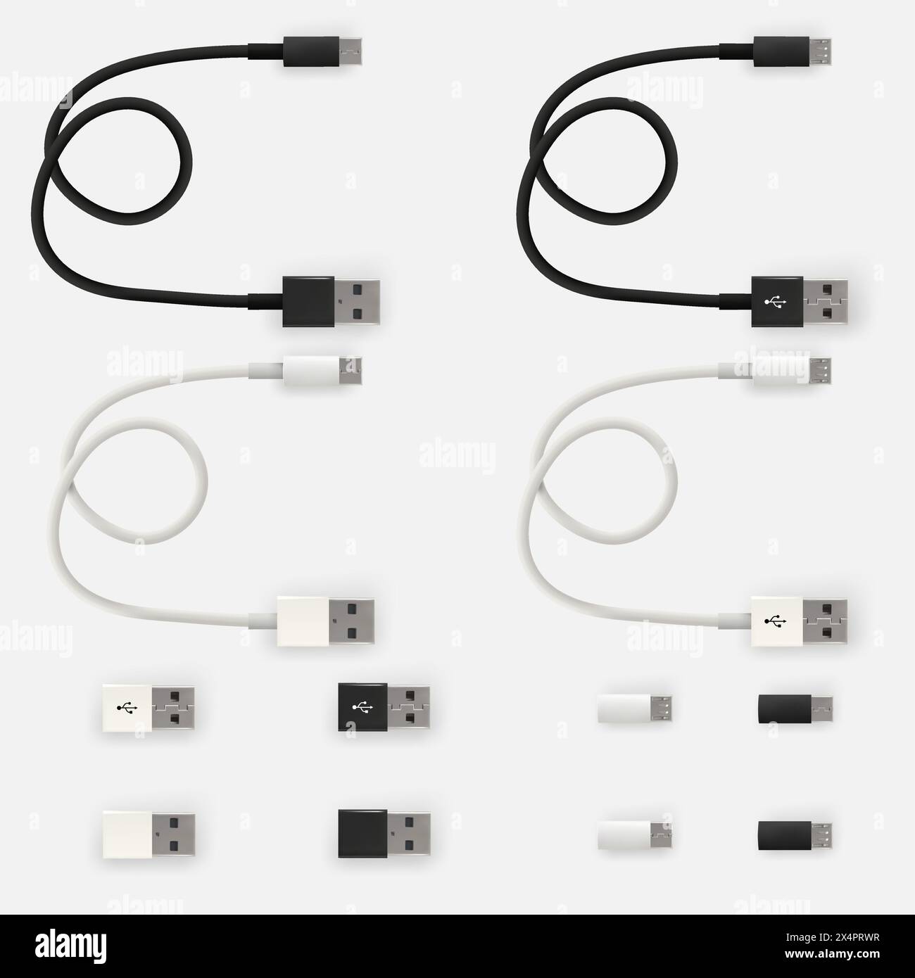 Realistic 3D USB micro cables and connectors. Set of Isolated white and black connectors. Used for mobile phone or smartphone charging or PC devices c Stock Vector