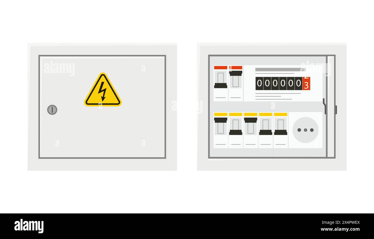 Electrical power switch panel with open and close door. Fuse box. Isolated vector illustration in flat style on white background Stock Vector