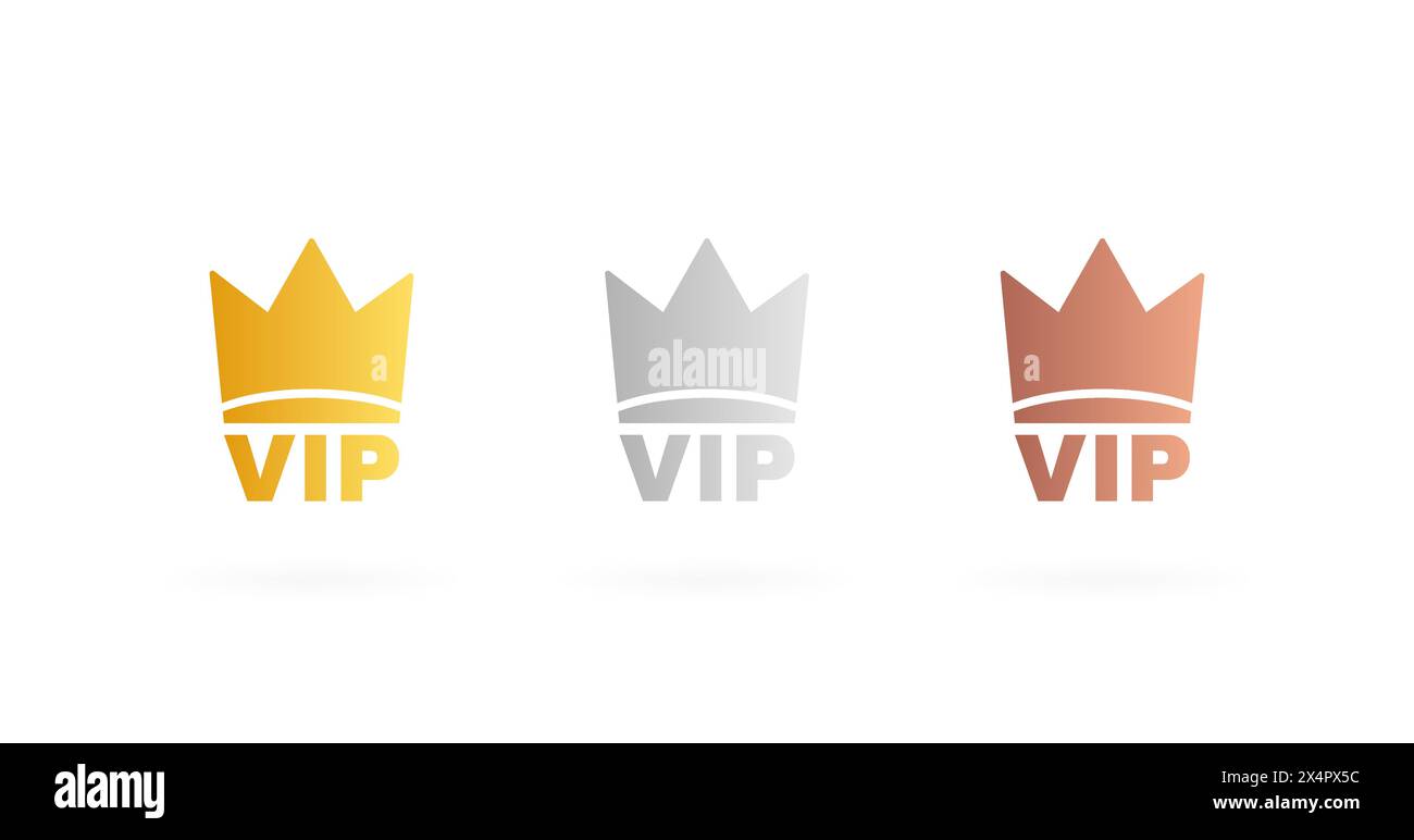 Set VIP badges in gold, silver and bronze color. Crown label with three vip level. Modern vector illustration. Stock Vector
