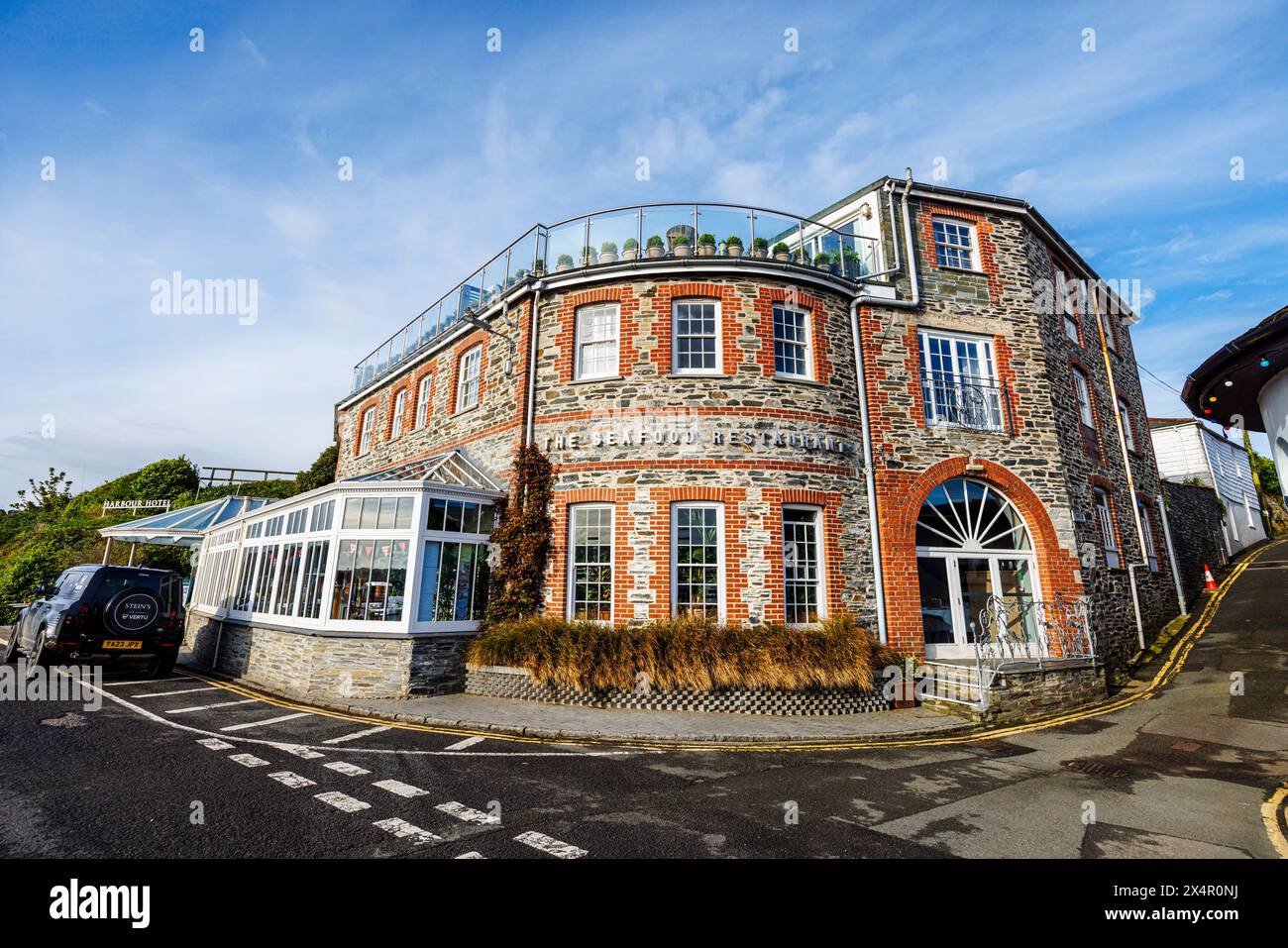 The exterior of The Seafood Restaurant, a Rick Stein establishment in Padstow, a pretty coastal village on the north coast of Cornwall, England Stock Photo