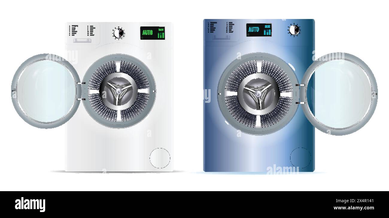 3d realistic vector washers. Washing machine. Vector Illustration isolated on white background. Opened modern washing machines Stock Vector