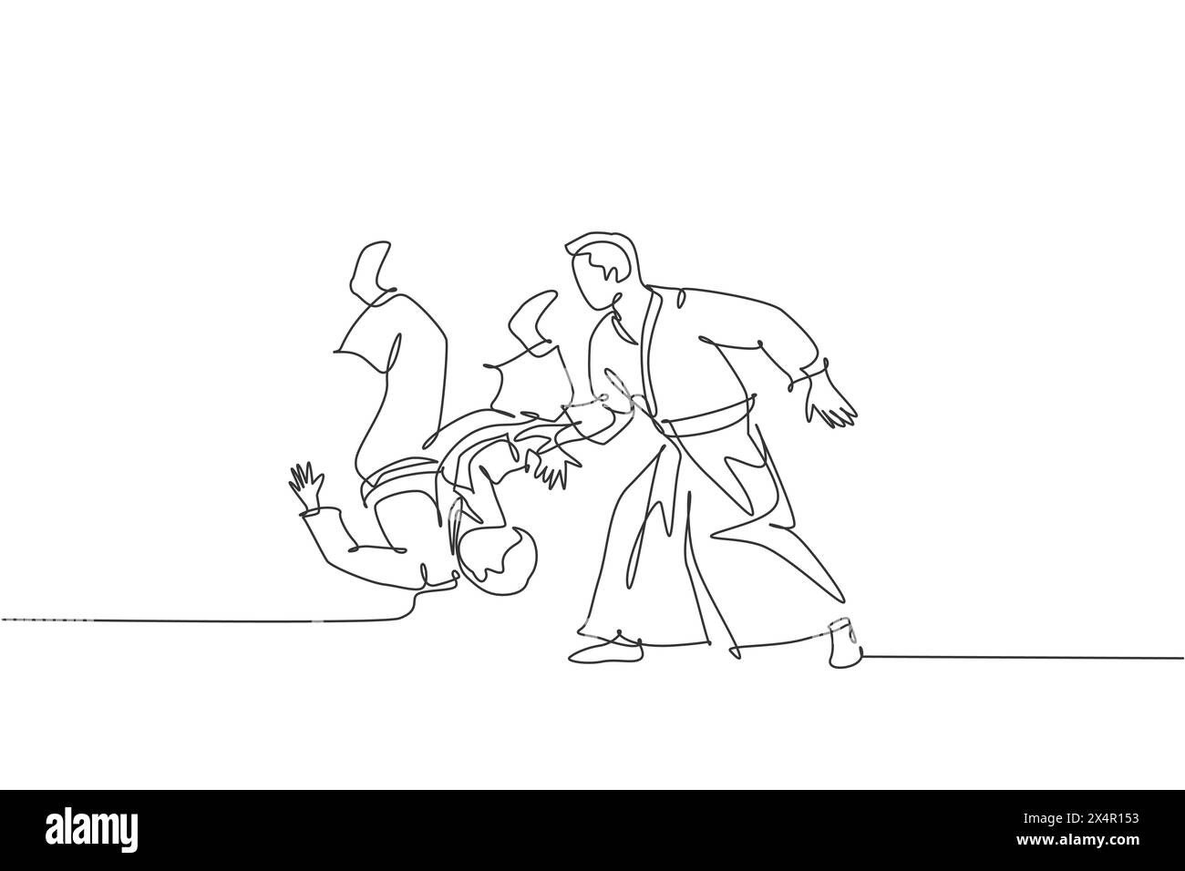 One continuous line drawing of young man aikido fighter practice ...