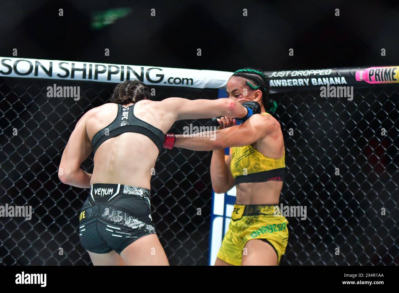 Rio De Janeiro, Brazil. 04th May, 2024. RJ - RIO DE JANEIRO - 05/04/2024 - UFC 301 - Fighter Dione Barbosa with gloves in red detail and fighter Ernesta Kareckaite with gloves in blue detail during a fight in the women's Flyweight category in the Initial Preliminaries of UFC 301, held at Arena da Barra this Saturday (04). Photo: Thiago Ribeiro/AGIF Credit: AGIF/Alamy Live News Stock Photo
