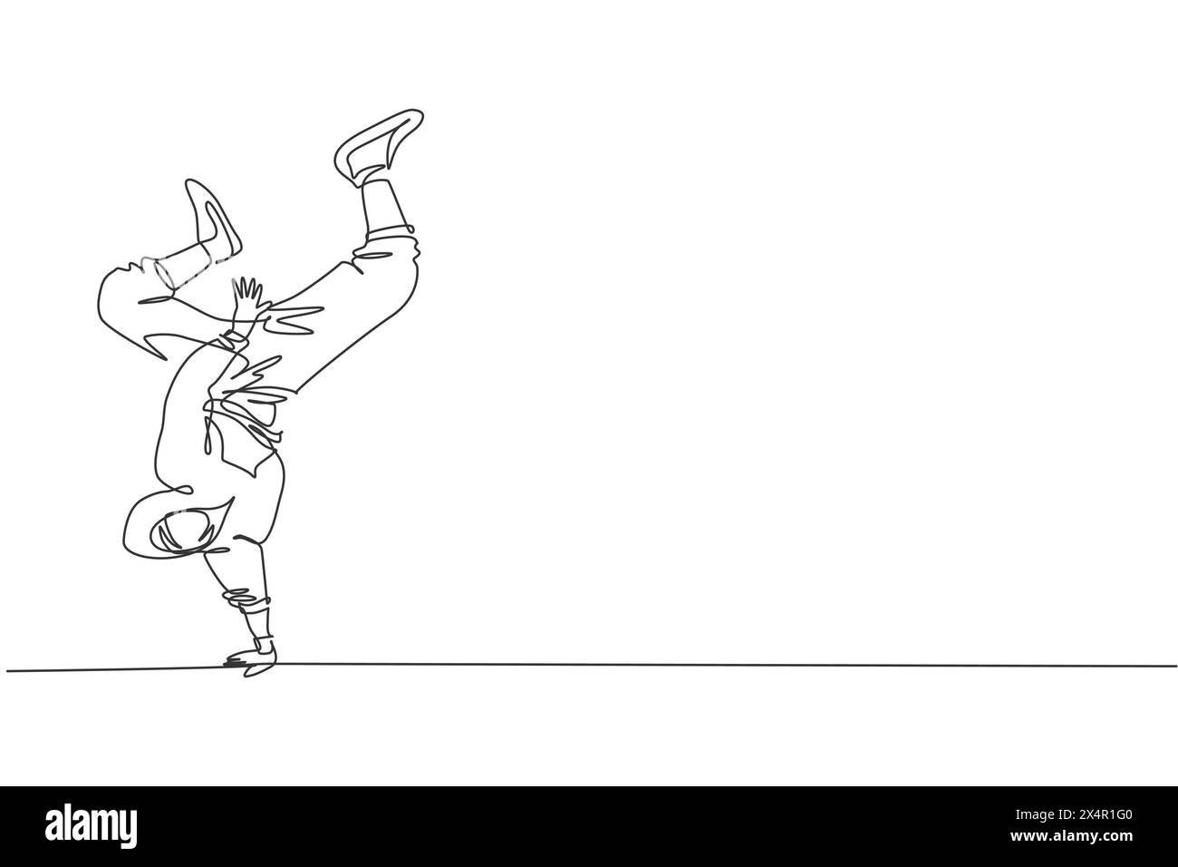 One continuous line drawing young sporty break dancer man with hoodie ...