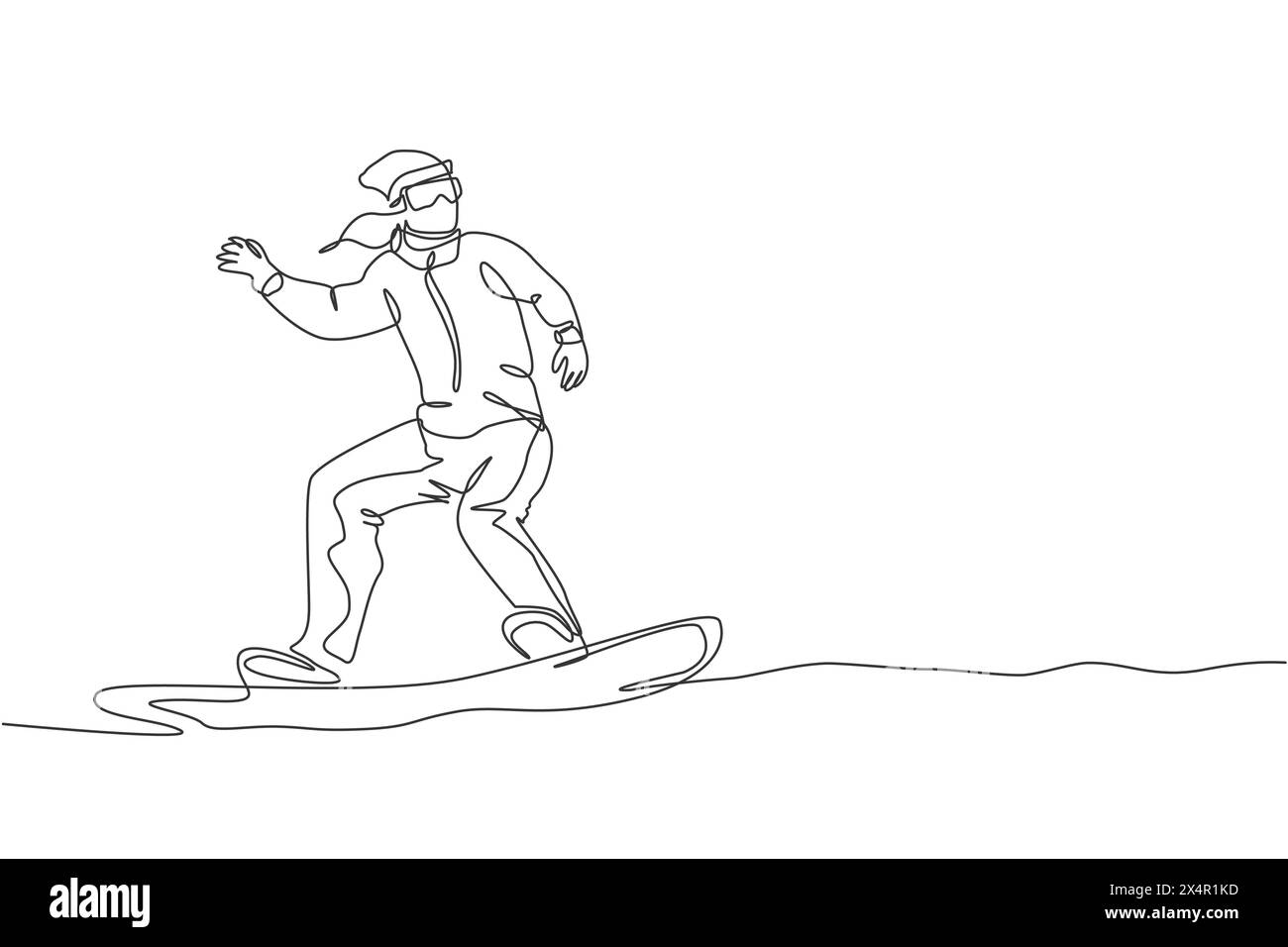One single line drawing of young energetic snowboarder woman ride fast snowboard at snowy mountain vector illustration. Tourist vacation lifestyle spo Stock Vector