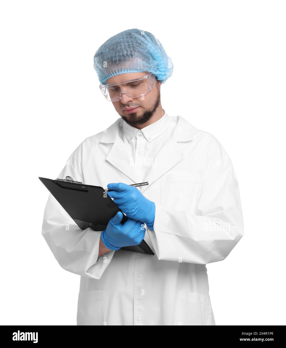 Quality control. Food inspector with clipboard on white background ...