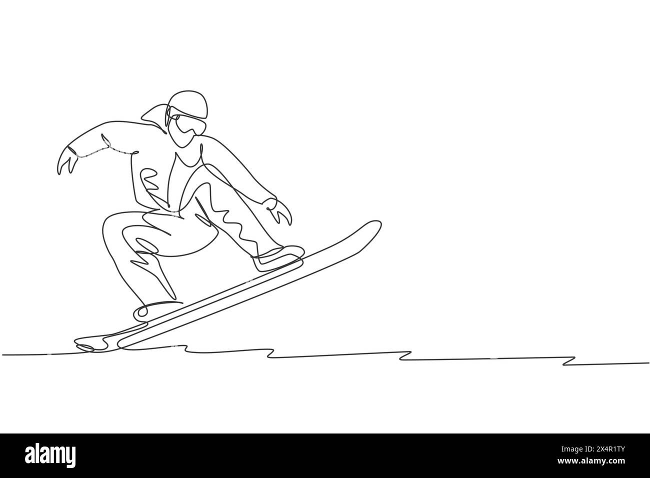One single line drawing young energetic snowboarder man ride fast snowboard at snowy mountain graphic vector illustration. Tourist vacation lifestyle Stock Vector