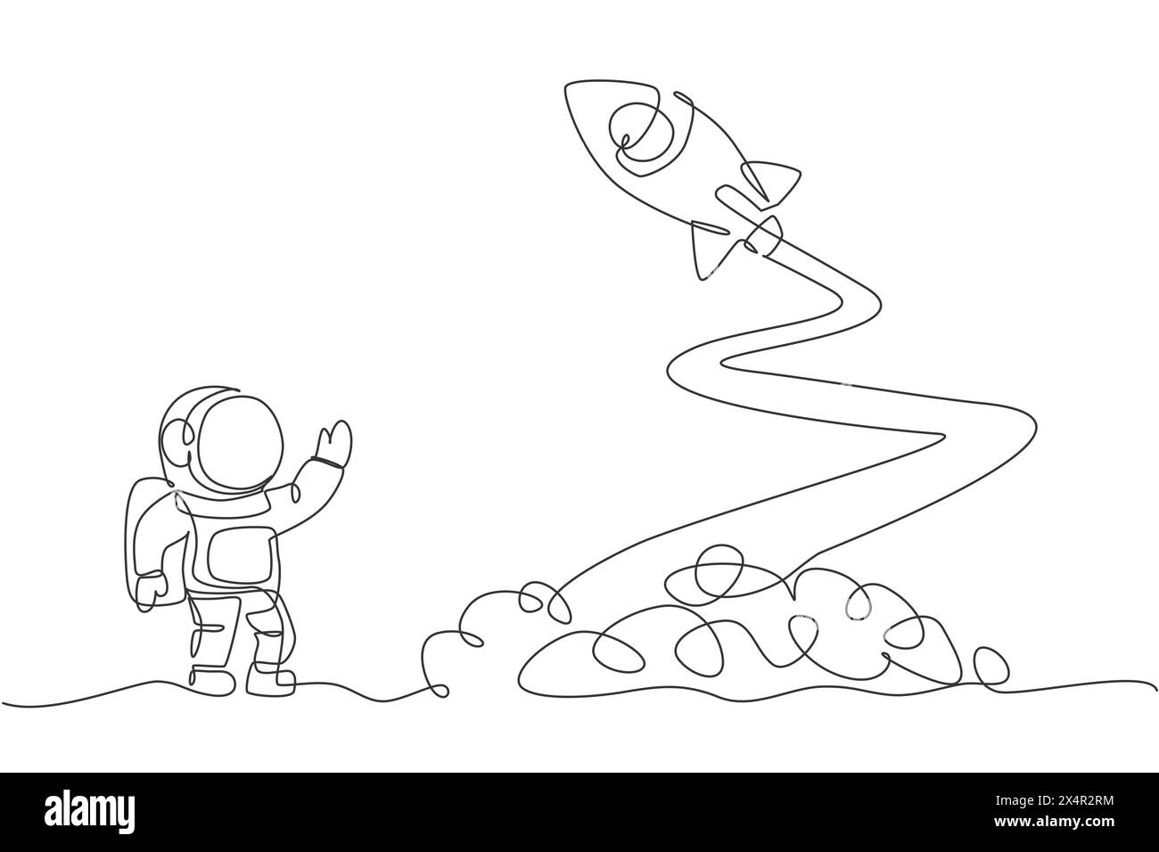 One continuous line drawing of spaceman astronaut science on moon waving hand to launching rocket. Cosmonaut exploration of outer space concept. Dynam Stock Vector