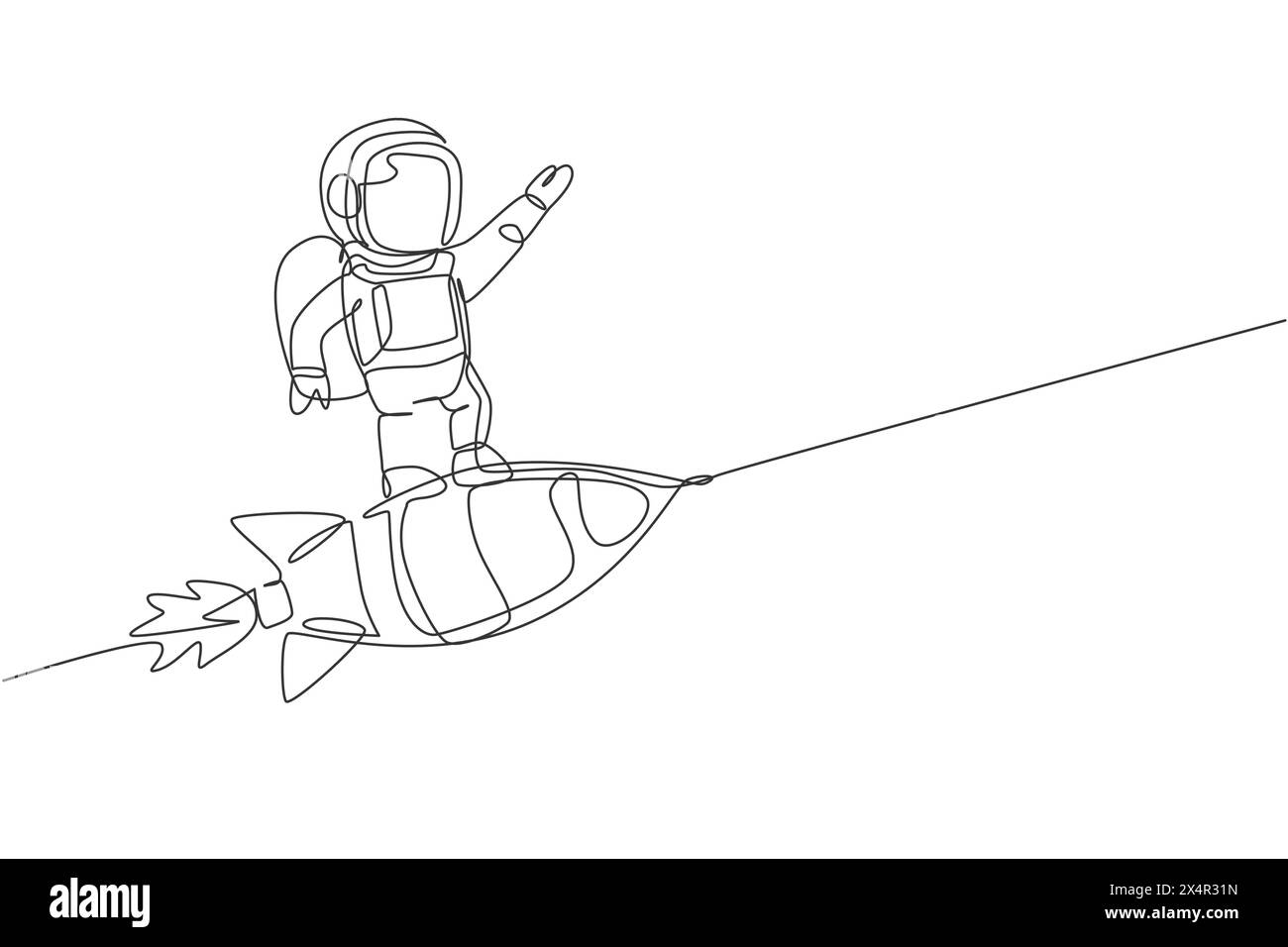 Single continuous line drawing of astronaut in spacesuit flying at outer space while standing on rocket spacecraft. Science milky way astronomy concep Stock Vector