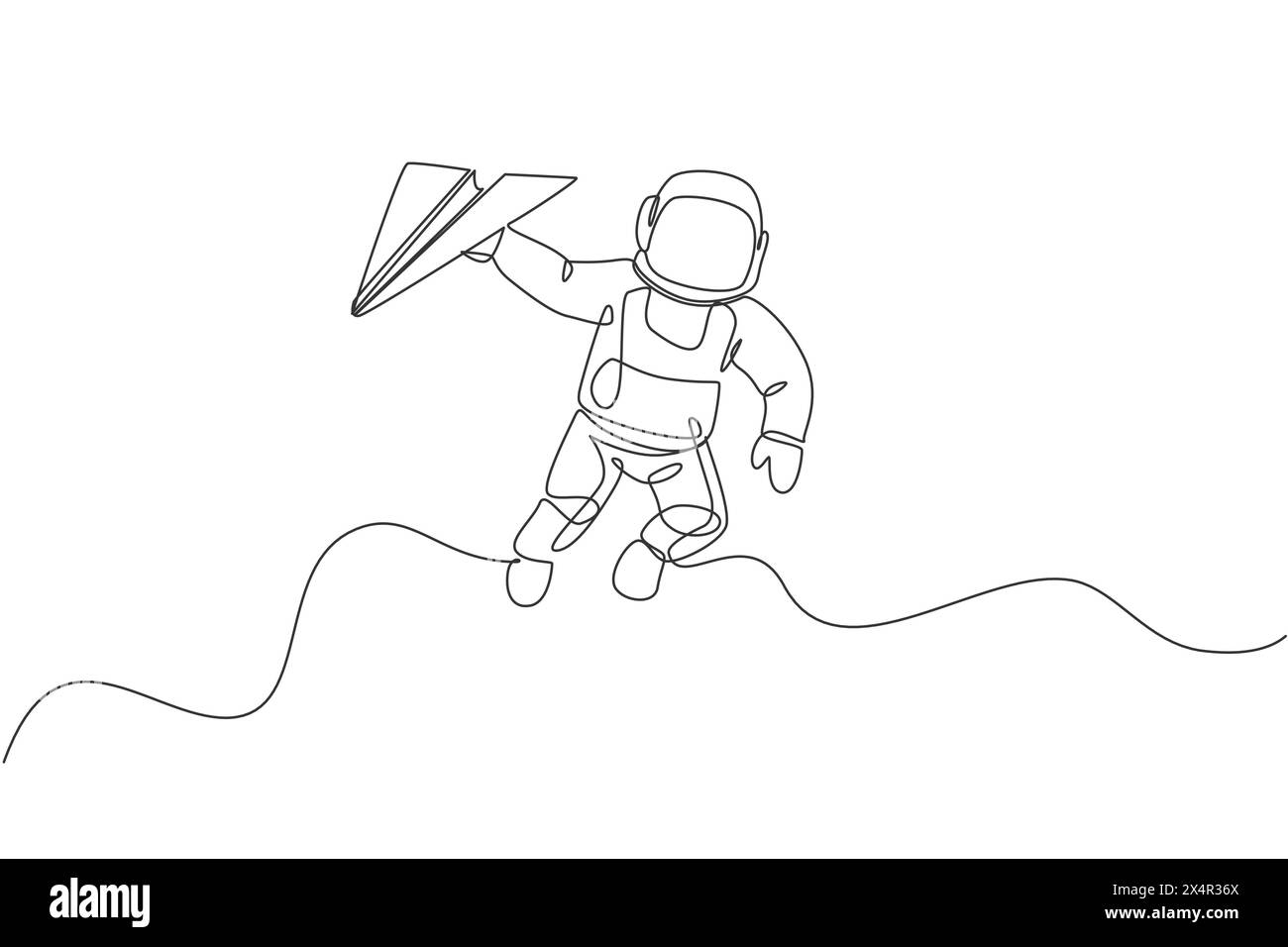 One continuous line drawing of cosmonaut exploring outer space. Astronaut holding paper plane. Fantasy cosmic galaxy discovery concept. Dynamic single Stock Vector