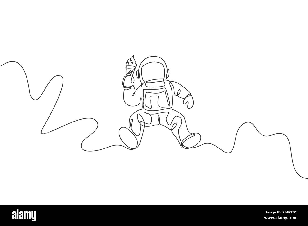 One continuous line drawing of cosmonaut flying and eating sweet cold cone milk ice cream in galactic. Fantasy outer space astronaut life concept. Dyn Stock Vector