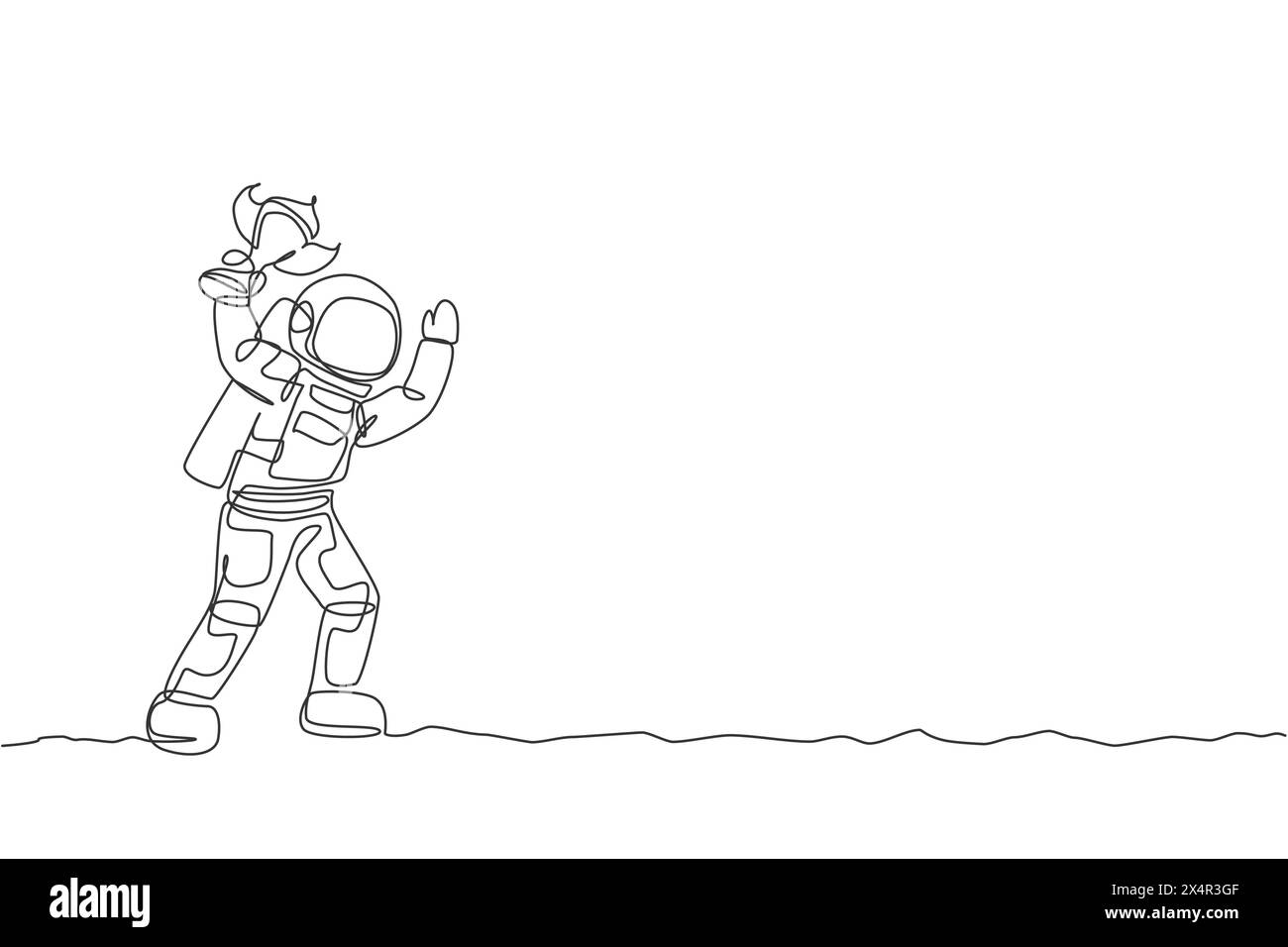 One single line drawing of spaceman astronaut holding trophy on moon ...