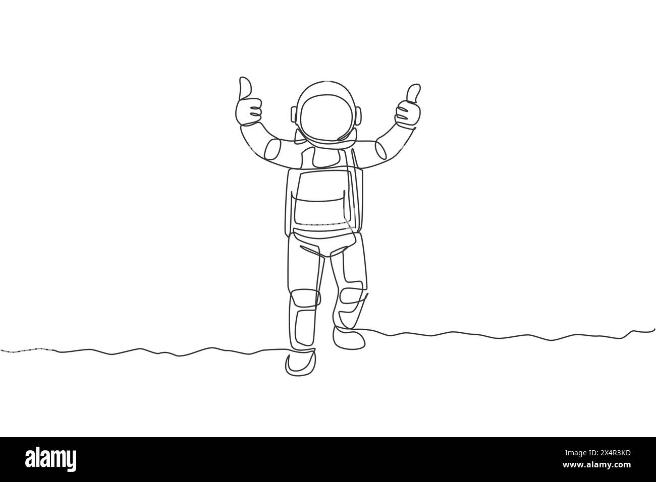 One continuous line drawing young spaceman on spacesuit giving thumbs up gesture in moon surface. Astronaut business office with deep space concept. S Stock Vector